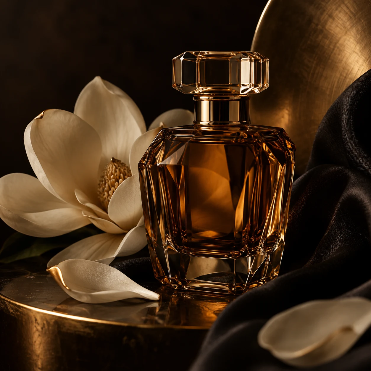 Amber perfume bottle surrounded by ivory petals and black silk